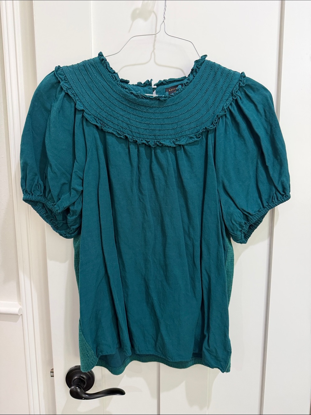 Current Air Teal Puff-Sleeve Smocked Yoke Top
